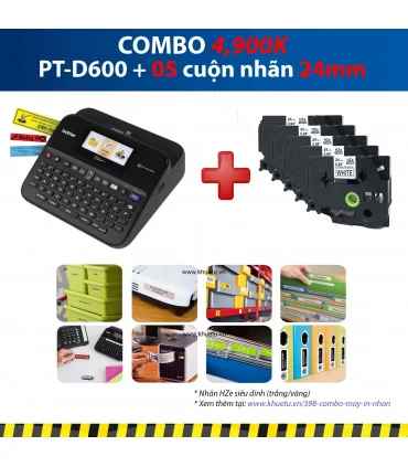 Máy in nhãn Combo: PT-D600 + 5 Cuộn nhãn 24mm (siêu dính) | ⓿❽❻❽❺⓿❺⓿❺❺ | Máy in nhãn, máy in tem, máy in mã vạch | khuetu.vn