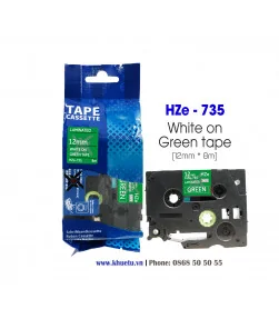 Nhãn in HZe-735 (TZe-735, TZ2-735), 12mm x 8m, White on Green | ⓿❽❻❽❺⓿❺⓿❺❺ | Nhãn in, tem in, giấy in, băng nhãn, tape in | k...