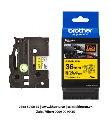 Brother TZe-FX661, khổ 36mm, dài 8m, Black on Yellow, siêu dẻo, chống thấm nước | ⓿❽❻❽❺⓿❺⓿❺❺ | Nhãn in, tem in, giấy in, băng...