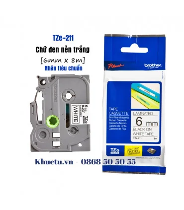 Brother TZe-211, khổ 6mm, dài 8m, Black on White, chống thấm nước | ⓿❽❻❽❺⓿❺⓿❺❺ | Nhãn in, tem in, giấy in, băng nhãn, tape in...