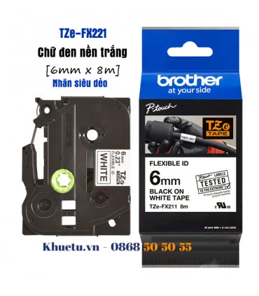 Brother TZe-FX211, khổ 6mm, dài 8m, Black on White, siêu dẻo, chống thấm nước | ⓿❽❻❽❺⓿❺⓿❺❺ | Nhãn in, tem in, giấy in, băng n...