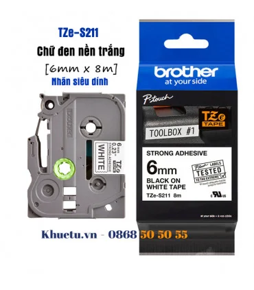 Brother TZe-S211, khổ 6mm, dài 8m, Black on White, siêu dính, chống thấm nước | ⓿❽❻❽❺⓿❺⓿❺❺ | Nhãn in, tem in, giấy in, băng n...