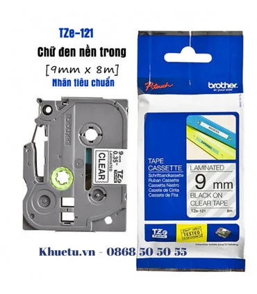 Brother TZe-121, khổ 9mm, dài 8m, Black on Clear, chống thấm nước | ⓿❽❻❽❺⓿❺⓿❺❺ | Nhãn in, tem in, giấy in, băng nhãn, tape in...