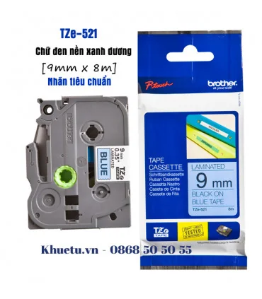 Brother TZe-521, khổ 9mm, dài 8m, Black on Blue, chống thấm nước | ⓿❽❻❽❺⓿❺⓿❺❺ | Nhãn in, tem in, giấy in, băng nhãn, tape in ...