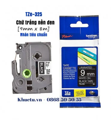 Brother TZe-325, khổ 9mm, dài 8m, White on Black, chống thấm nước | ⓿❽❻❽❺⓿❺⓿❺❺ | Nhãn in, tem in, giấy in, băng nhãn, tape in...