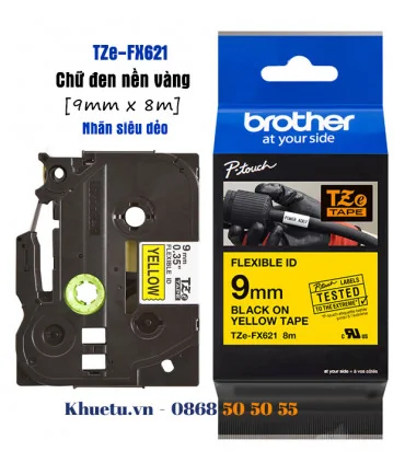 Brother TZe-FX621, khổ 9mm, dài 8m, Black on Yellow, siêu dẻo, chống thấm nước | ⓿❽❻❽❺⓿❺⓿❺❺ | Nhãn in, tem in, giấy in, băng ...