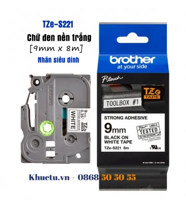 Brother TZe-S221, khổ 9mm, dài 8m, Black on White, siêu dính, chống thấm nước | ⓿❽❻❽❺⓿❺⓿❺❺ | Nhãn in, tem in, giấy in, băng n...