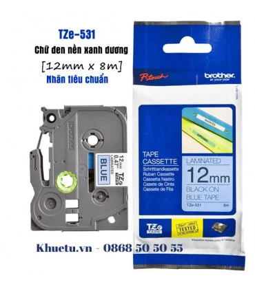 Brother TZe-531, khổ 12mm, dài 8m, Black on Blue, chống thấm nước | ⓿❽❻❽❺⓿❺⓿❺❺ | Nhãn in, tem in, giấy in, băng nhãn, tape in...