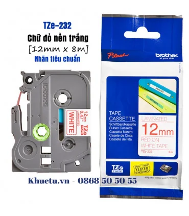 Brother TZe-232, khổ 12mm, dài 8m, Red on White, chống thấm nước | ⓿❽❻❽❺⓿❺⓿❺❺ | Nhãn in, tem in, giấy in, băng nhãn, tape in ...