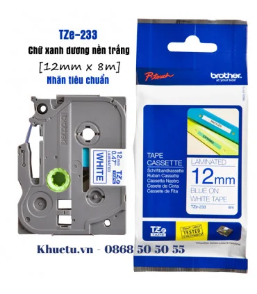 Brother TZe-233, khổ 12mm, dài 8m, Blue on White, chống thấm nước | ⓿❽❻❽❺⓿❺⓿❺❺ | Nhãn in, tem in, giấy in, băng nhãn, tape in...