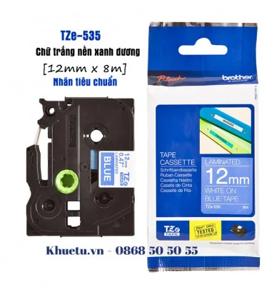 Brother TZe-535, khổ 12mm, dài 8m, White on Blue, chống thấm nước | ⓿❽❻❽❺⓿❺⓿❺❺ | Nhãn in, tem in, giấy in, băng nhãn, tape in...