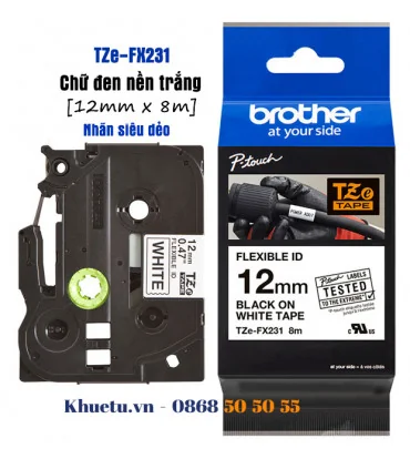 Brother TZe-FX231, khổ 12mm, dài 8m, Black on White, siêu dẻo, chống thấm nước | ⓿❽❻❽❺⓿❺⓿❺❺ | Nhãn in, tem in, giấy in, băng ...