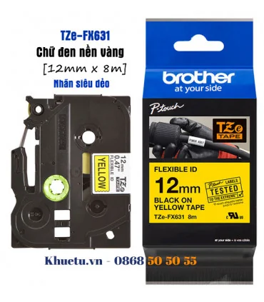 Brother TZe-FX631, khổ 12mm, dài 8m, Black on Yellow, siêu dẻo, chống thấm nước | ⓿❽❻❽❺⓿❺⓿❺❺ | Nhãn in, tem in, giấy in, băng...