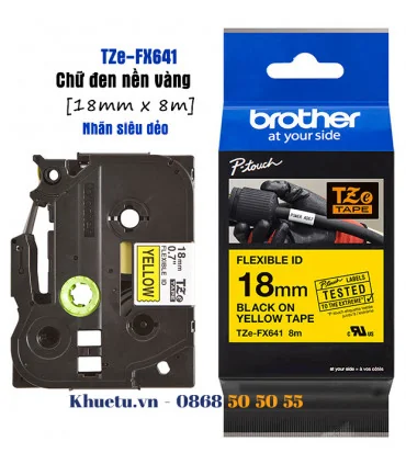 Brother TZe-FX641, khổ 18mm, dài 8m, Black on Yellow, siêu dẻo, chống thấm nước | ⓿❽❻❽❺⓿❺⓿❺❺ | Nhãn in, tem in, giấy in, băng...