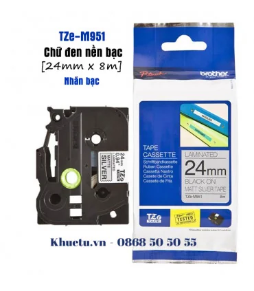 Brother TZe-M951, khổ 24mm, dài 8m, Black on Silver Matt, nhãn bạc, chống thấm nước | ⓿❽❻❽❺⓿❺⓿❺❺ | Nhãn in, tem in, giấy in, ...