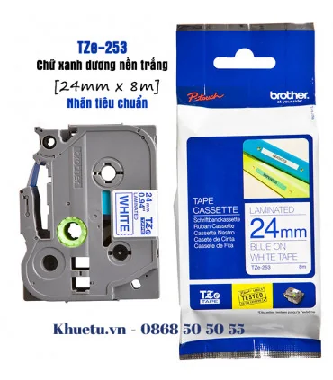 Brother TZe-253, khổ 24mm, dài 8m, Blue on White, chống thấm nước | ⓿❽❻❽❺⓿❺⓿❺❺ | Nhãn in, tem in, giấy in, băng nhãn, tape in...