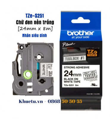 Brother TZe-S251, khổ 24mm, dài 8m, Black on White, siêu dính, chống thấm nước | ⓿❽❻❽❺⓿❺⓿❺❺ | Nhãn in, tem in, giấy in, băng ...