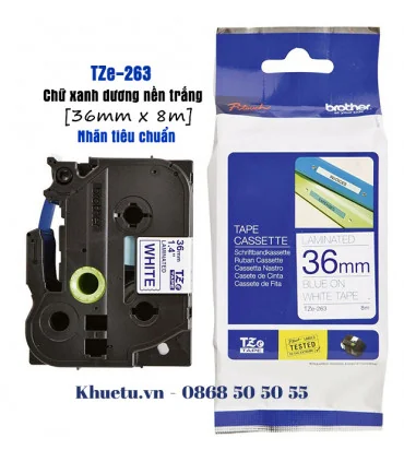 Brother TZe-263, khổ 36mm, dài 8m, Blue on White, chống thấm nước | ⓿❽❻❽❺⓿❺⓿❺❺ | Nhãn in, tem in, giấy in, băng nhãn, tape in...