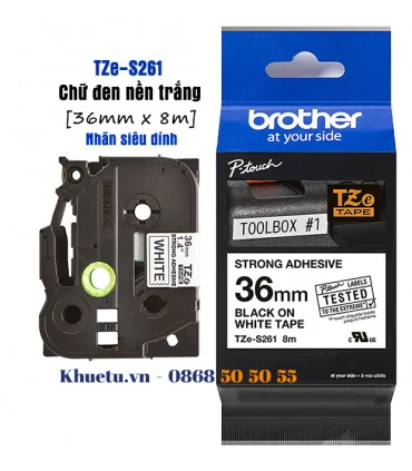 Brother TZe-S261, khổ 36mm, dài 8m, Black on White, siêu dính, chống thấm nước | ⓿❽❻❽❺⓿❺⓿❺❺ | Nhãn in, tem in, giấy in, băng ...