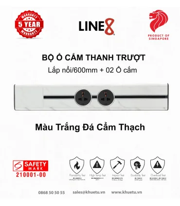 Bộ Ổ cắm thanh trượt Line8 (Lắp nổi/600mm/Trắng Đá Cẩm Thạch) + 02 Ổ cắm | ⓿❽❻❽❺⓿❺⓿❺❺ | khuetu.vn