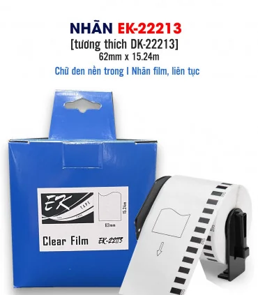 Nhãn film nhựa trong suốt EK-22113 (DK-22113), chống nước, 62mm x 15m (liên tục), tương thích DK-22213 | ⓿❽❻❽❺⓿❺⓿❺❺ | Nhãn in...