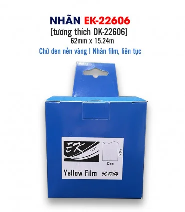 Nhãn film nhựa màu vàng EK-22606 (DK-22606), chống nước, 62mm x 15m (liên tục), tương thích DK-22606 | ⓿❽❻❽❺⓿❺⓿❺❺ | Nhãn in, ...