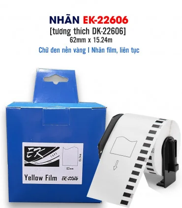 Nhãn film nhựa màu vàng EK-22606 (DK-22606), chống nước, 62mm x 15m (liên tục), tương thích DK-22606 | ⓿❽❻❽❺⓿❺⓿❺❺ | Nhãn in, ...