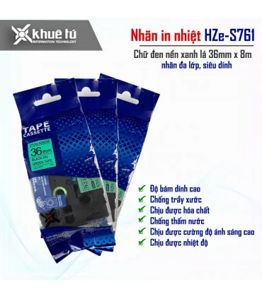 Nhãn in HZe-S761 (TZe-S761, TZ2-S761), 36mm x 8m, Black on Green | ⓿❽❻❽❺⓿❺⓿❺❺ | Nhãn in, tem in, giấy in, băng nhãn, tape in ...