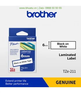 Brother TZe-211, khổ 6mm, dài 8m, Black on White, chống thấm nước | ⓿❽❻❽❺⓿❺⓿❺❺ | Nhãn in, tem in, giấy in, băng nhãn, tape in...