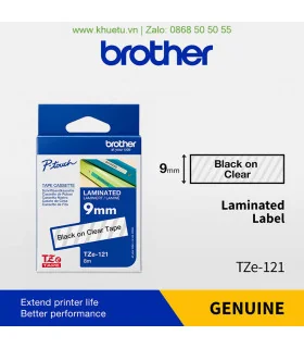 Brother TZe-121, khổ 9mm, dài 8m, Black on Clear, chống thấm nước | ⓿❽❻❽❺⓿❺⓿❺❺ | Nhãn in, tem in, giấy in, băng nhãn, tape in...