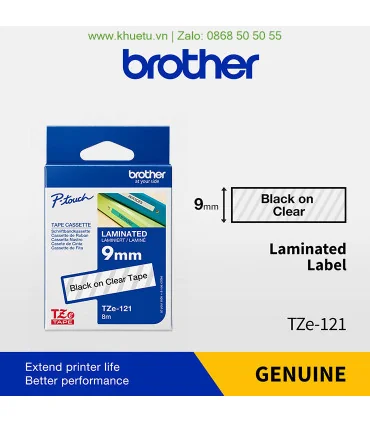 Brother TZe-121, khổ 9mm, dài 8m, Black on Clear, chống thấm nước | ⓿❽❻❽❺⓿❺⓿❺❺ | Nhãn in, tem in, giấy in, băng nhãn, tape in...