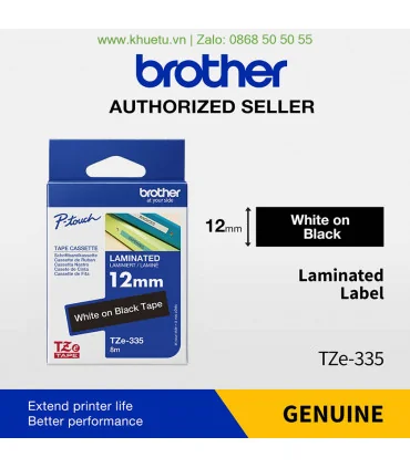 Brother TZe-335, khổ 12mm, dài 8m, White on Black, chống thấm nước | ⓿❽❻❽❺⓿❺⓿❺❺ | Nhãn in, tem in, giấy in, băng nhãn, tape i...
