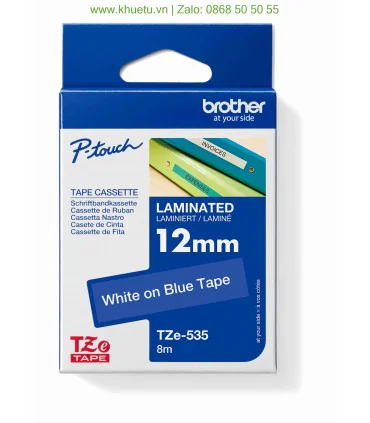 Brother TZe-535, khổ 12mm, dài 8m, White on Blue, chống thấm nước | ⓿❽❻❽❺⓿❺⓿❺❺ | Nhãn in, tem in, giấy in, băng nhãn, tape in...