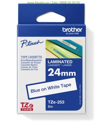 Brother TZe-253, khổ 24mm, dài 8m, Blue on White, chống thấm nước | ⓿❽❻❽❺⓿❺⓿❺❺ | Nhãn in, tem in, giấy in, băng nhãn, tape in...