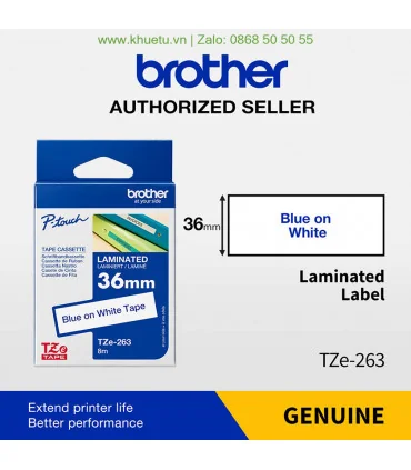 Brother TZe-263, khổ 36mm, dài 8m, Blue on White, chống thấm nước | ⓿❽❻❽❺⓿❺⓿❺❺ | Nhãn in, tem in, giấy in, băng nhãn, tape in...