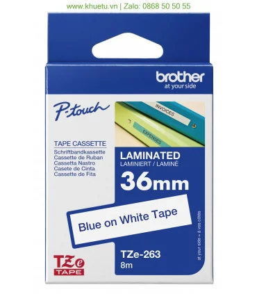 Brother TZe-263, khổ 36mm, dài 8m, Blue on White, chống thấm nước | ⓿❽❻❽❺⓿❺⓿❺❺ | Nhãn in, tem in, giấy in, băng nhãn, tape in...