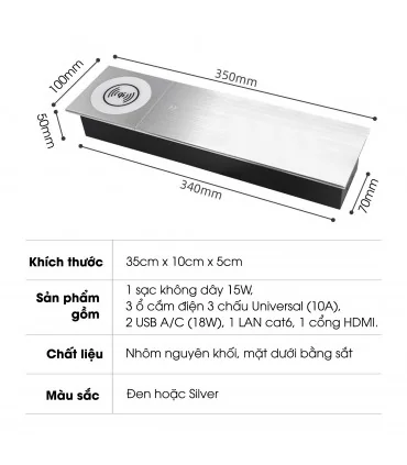 Ổ cắm điện âm bàn trượt, có sạc không dây MK102SB (Black) | ⓿❽❻❽❺⓿❺⓿❺❺ | khuetu.vn