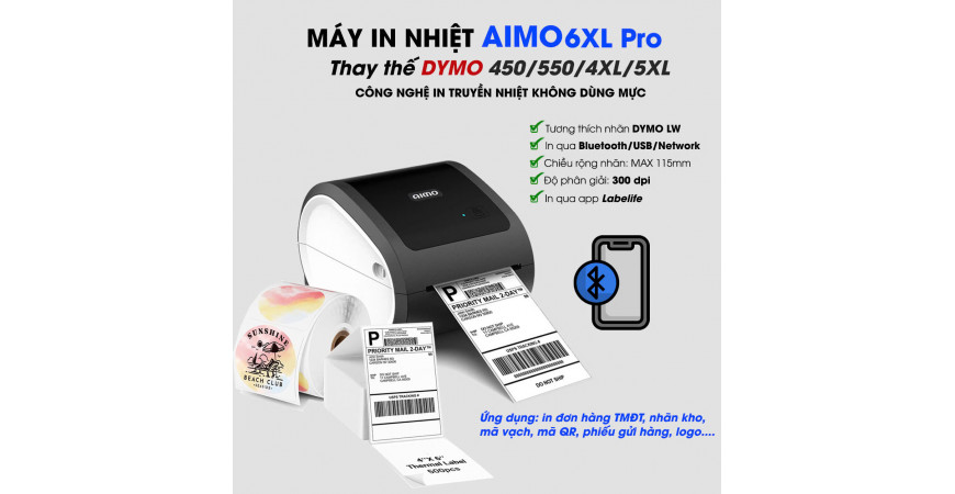 Máy In Nhãn AIMO 6XL Pro - Thay Thế DYMO, Tương Thích Nhãn DYMO