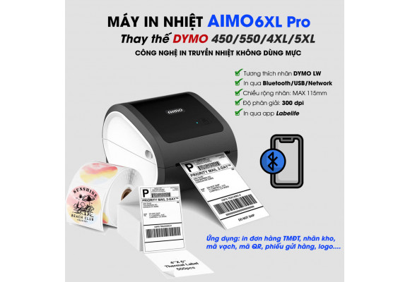 Máy In Nhãn AIMO 6XL Pro - Thay Thế DYMO, Tương Thích Nhãn DYMO